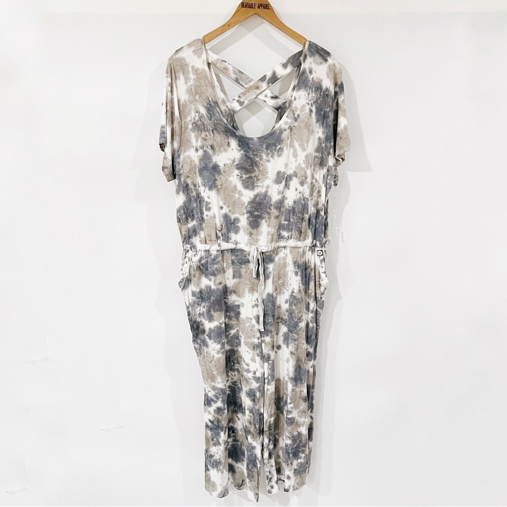 LIVI Lane Bryant Wide Leg Jumpsuit Cropped Tie Dye Tie Waist Pockets - Picture 2 of 5